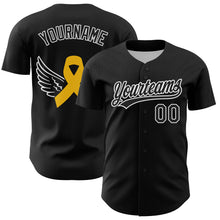 Load image into Gallery viewer, Custom Black White-Yellow 3D Childhood Cancer Gold Ribbon Authentic Baseball Jersey