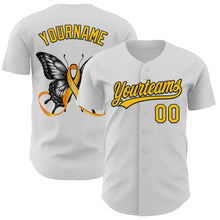 Load image into Gallery viewer, Custom White Yellow-Black 3D Childhood Cancer Gold Ribbon Authentic Baseball Jersey