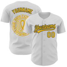 Load image into Gallery viewer, Custom White Yellow-Black 3D Childhood Cancer Gold Ribbon Authentic Baseball Jersey