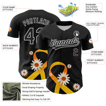 Load image into Gallery viewer, Custom Black Yellow-White 3D Childhood Cancer Gold Ribbon Authentic Baseball Jersey