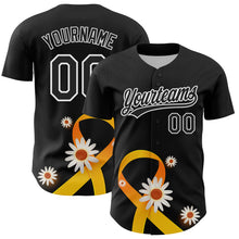 Load image into Gallery viewer, Custom Black Yellow-White 3D Childhood Cancer Gold Ribbon Authentic Baseball Jersey