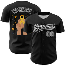 Load image into Gallery viewer, Custom Black Yellow-White 3D Childhood Cancer Gold Ribbon Authentic Baseball Jersey