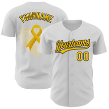 Load image into Gallery viewer, Custom White Yellow-Black 3D Childhood Cancer Gold Ribbon Authentic Baseball Jersey