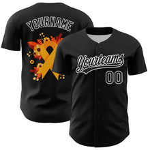 Load image into Gallery viewer, Custom Black Yellow-White 3D Childhood Cancer Gold Ribbon Authentic Baseball Jersey