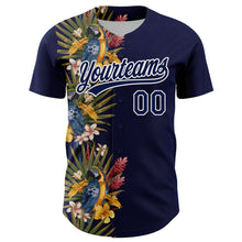 Load image into Gallery viewer, Custom Navy White 3D Tropical Hawaii Palm Tree And Bird Authentic Baseball Jersey