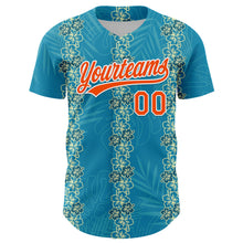 Load image into Gallery viewer, Custom Sky Blue Orange-White 3D Tropical Hawaii Jungle Leaves And Flower Authentic Baseball Jersey