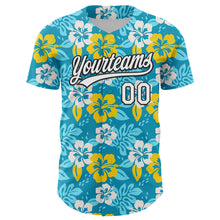 Load image into Gallery viewer, Custom Lakes Blue White-Black 3D Tropical Hawaii Jungle Leaves And Flower Authentic Baseball Jersey