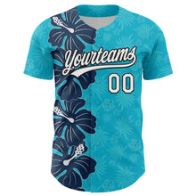 Load image into Gallery viewer, Custom Lakes Blue White-Black 3D Tropical Hawaii Jungle Leaves And Flower Authentic Baseball Jersey