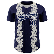 Load image into Gallery viewer, Custom Navy White 3D Tropical Hawaii Leaves And Flower Authentic Baseball Jersey