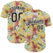 Load image into Gallery viewer, Custom Yellow Black-White 3D Hawaii Tropical Leaves Flower Pineapple Authentic Baseball Jersey