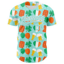 Load image into Gallery viewer, Custom Ice Blue White-Green 3D St. Patrick's Day Shamrock Beer Authentic Baseball Jersey