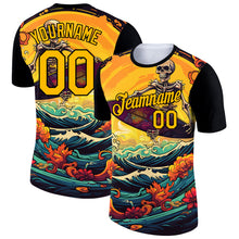 Load image into Gallery viewer, Custom Black Gold 3D Pattern Design Extreme Sport Skul Skiing Performance T-Shirt