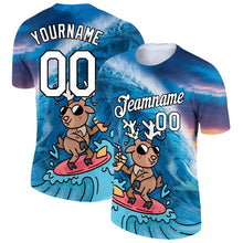 Load image into Gallery viewer, Custom Blue White-Black 3D Pattern Design Extreme Sport Cartoon Animal Deer Surfing Performance T-Shirt