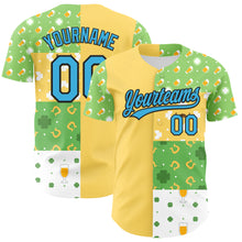 Load image into Gallery viewer, Custom Green Sky Blue Light Yellow-Black 3D St. Patrick's Day Shamrock Beer Authentic Baseball Jersey