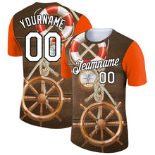 Load image into Gallery viewer, Custom Brown Orange-Black 3D Pattern Design Sailing Ship Wheel Lifebuoy Compass Columbus Day Performance T-Shirt