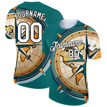 Load image into Gallery viewer, Custom Teal White-Black 3D Pattern Design Sailing Ship Compass Columbus Day Performance T-Shirt