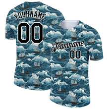 Load image into Gallery viewer, Custom Teal Black-White 3D Pattern Design Sailing Ship Columbus Day Performance T-Shirt