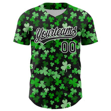 Load image into Gallery viewer, Custom Black White 3D St. Patrick's Day Shamrock Authentic Baseball Jersey