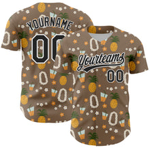 Load image into Gallery viewer, Custom Brown Black-White 3D Hawaii Flower And Fruit Pineapple Authentic Baseball Jersey