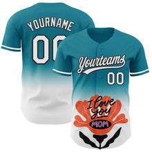Load image into Gallery viewer, Custom Teal White-Black 3D Pattern Design Gradient Mother's Day Flower Authentic Baseball Jersey