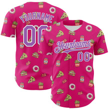 Load image into Gallery viewer, Custom Hot Pink Medium Purple-White 3D Pattern Design Foodie Fast Food Pizza Donut Cola Authentic Baseball Jersey