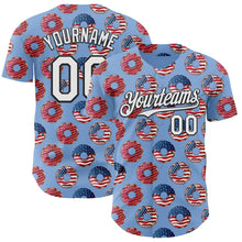 Load image into Gallery viewer, Custom Light Blue White-Black 3D Pattern Design USA Flag Foodie Food Dessert Donut Authentic Baseball Jersey