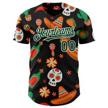 Load image into Gallery viewer, Custom Black Green-White 3D Mexican Festival Sombrero And Skull Cinco de Mayo Authentic Baseball Jersey
