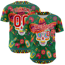 Load image into Gallery viewer, Custom Kelly Green Red-White 3D Mexican Festival Flower Skull With Sombrero Cinco de Mayo Authentic Baseball Jersey