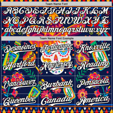 Load image into Gallery viewer, Custom Navy White-Black 3D Mexican Festival Flower Skull With Sombrero Cinco de Mayo Authentic Baseball Jersey