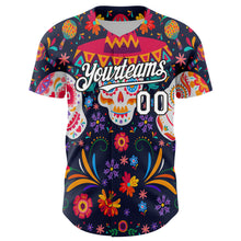 Load image into Gallery viewer, Custom Navy White-Black 3D Mexican Festival Flower Skull With Sombrero Cinco de Mayo Authentic Baseball Jersey