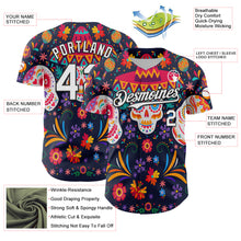 Load image into Gallery viewer, Custom Navy White-Black 3D Mexican Festival Flower Skull With Sombrero Cinco de Mayo Authentic Baseball Jersey