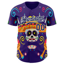 Load image into Gallery viewer, Custom Purple Navy-White 3D Mexican Festival Flower Skull With Sombrero Cinco de Mayo Authentic Baseball Jersey