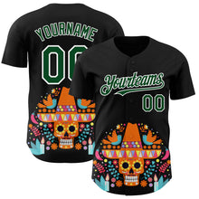 Load image into Gallery viewer, Custom Black Green-White 3D Mexican Festival Flower Skull With Sombrero Cinco de Mayo Authentic Baseball Jersey