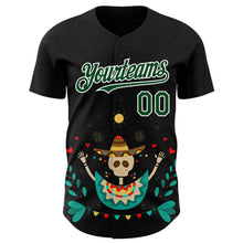 Load image into Gallery viewer, Custom Black Green-White 3D Mexican Festival Flower Skull With Sombrero Cinco de Mayo Authentic Baseball Jersey