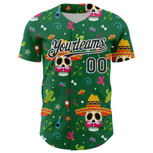 Load image into Gallery viewer, Custom Kelly Green Black-White 3D Mexican Festival Flower Skull With Sombrero Cinco de Mayo Authentic Baseball Jersey