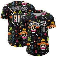 Load image into Gallery viewer, Custom Black White 3D Mexican Festival Flower Skull With Sombrero Cinco de Mayo Authentic Baseball Jersey