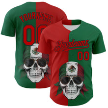 Load image into Gallery viewer, Custom Green Red-Black 3D Mexican Flag Skull Authentic Baseball Jersey