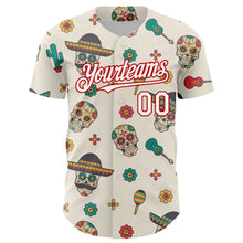 Load image into Gallery viewer, Custom Cream White-Red 3D Mexican Festival Cactus Skull With Sombrero Cinco de Mayo Authentic Baseball Jersey