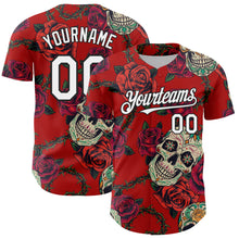 Load image into Gallery viewer, Custom Red White-Black 3D Mexican Skull And Flower Authentic Baseball Jersey