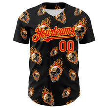 Load image into Gallery viewer, Custom Black Fire Red-Gold 3D Flame? Skull Authentic Baseball Jersey