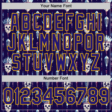 Load image into Gallery viewer, Custom Blue Dark Purple-Gold 3D Apache Skull Authentic Baseball Jersey