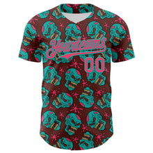Load image into Gallery viewer, Custom Brown Neon Pink-Aqua 3D Zombie Skull Authentic Baseball Jersey