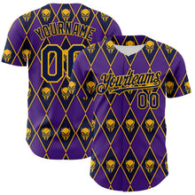 Load image into Gallery viewer, Custom Purple Navy-Gold 3D Skull Authentic Baseball Jersey