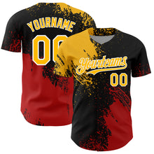 Load image into Gallery viewer, Custom Gold Black-Red 3D Pattern Design Abstract Brush Stroke Authentic Baseball Jersey