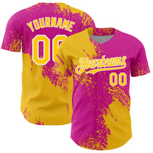Load image into Gallery viewer, Custom Yellow Deep Pink-White 3D Pattern Design Abstract Brush Stroke Authentic Baseball Jersey