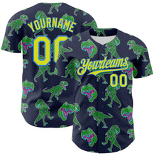 Load image into Gallery viewer, Custom Navy Neon Yellow-Electric Blue 3D Pattern Design Rave Psychedelic Neon Dinosaur Authentic Baseball Jersey