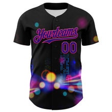 Load image into Gallery viewer, Custom Black Dark Purple-Hot Pink 3D Pattern Design Rave Psychedelic City Neon Authentic Baseball Jersey
