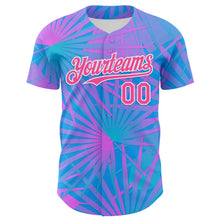 Load image into Gallery viewer, Custom Electric Blue Pink-White 3D Pattern Design Rave Psychedelic Tropical Palm Leaves Authentic Baseball Jersey