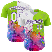 Load image into Gallery viewer, Custom Neon Green White-Purple 3D Pattern Design Graffiti Splash And Constellation Space Galaxy Star Authentic Baseball Jersey