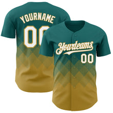 Load image into Gallery viewer, Custom Teal White-Old Gold 3D Gradient Square Shape Authentic Baseball Jersey